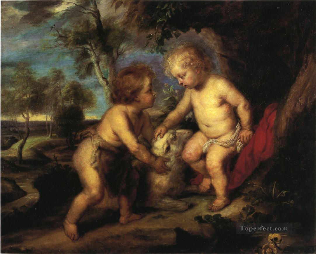 ルーベンスを模した幼児キリストと幼児聖ヨハネ 印象派セオドア・クレメント・スティール油絵